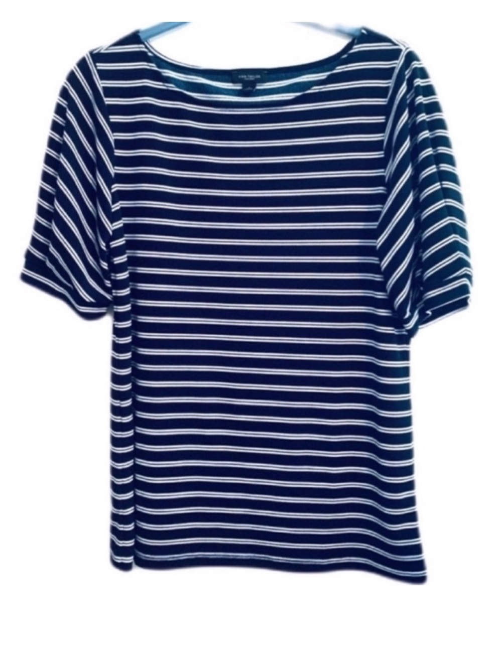 Ann Taylor Factory Short Puff Sleeve Blouse Textured Striped Blue White Size S